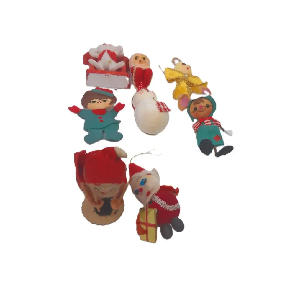 Vintage MCM Kitsch Christmas Ornament Lot Japan Felt Mouse Angel Santa Set of 8